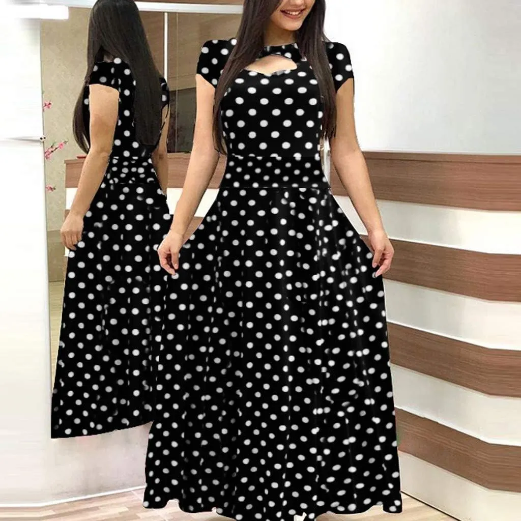 Womens Long & Short Sleeve Maxi Dress Floral Boho Print Casual Crewneck Tunic Dress Long High Waist Elastic Beach Dress