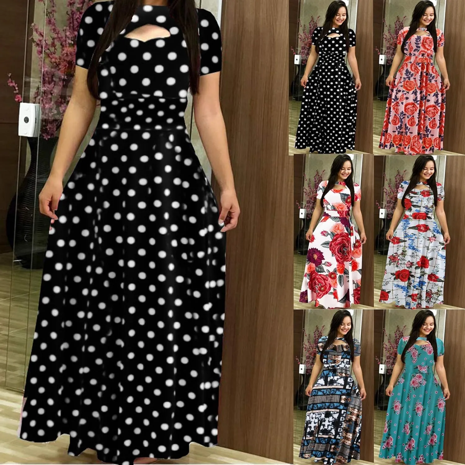 Womens Long & Short Sleeve Maxi Dress Floral Boho Print Casual Crewneck Tunic Dress Long High Waist Elastic Beach Dress