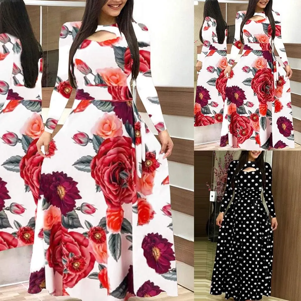Womens Long & Short Sleeve Maxi Dress Floral Boho Print Casual Crewneck Tunic Dress Long High Waist Elastic Beach Dress