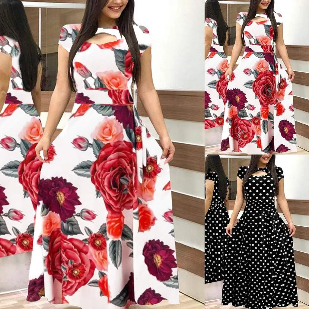 Womens Long & Short Sleeve Maxi Dress Floral Boho Print Casual Crewneck Tunic Dress Long High Waist Elastic Beach Dress