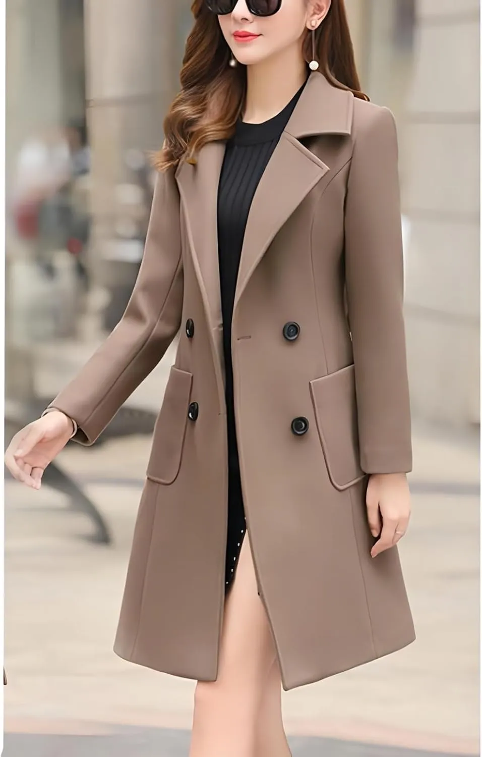 Women's Long Pea Coats Double Breasted Overcoat Fall Trench Coat Warm Elegant Thick Lapel Pocket Fashion Winter Coat