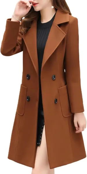 Women's Long Pea Coats Double Breasted Overcoat Fall Trench Coat Warm Elegant Thick Lapel Pocket Fashion Winter Coat