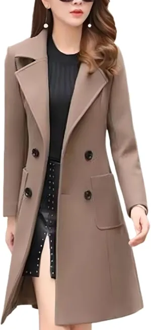 Women's Long Pea Coats Double Breasted Overcoat Fall Trench Coat Warm Elegant Thick Lapel Pocket Fashion Winter Coat