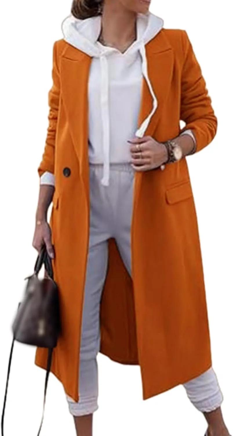 Womens Long Pea Coats Long Sleeve Button Down Trench Coats Wool Plend Lapel Overcoat Casual Fashion Windbreaker
