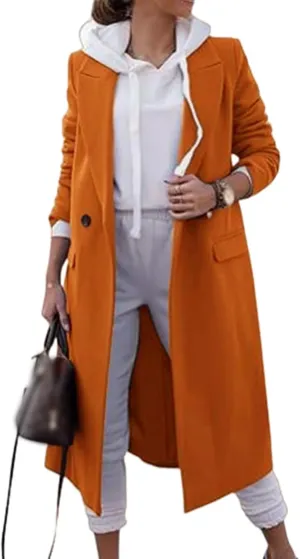 Womens Long Pea Coats Long Sleeve Button Down Trench Coats Wool Plend Lapel Overcoat Casual Fashion Windbreaker