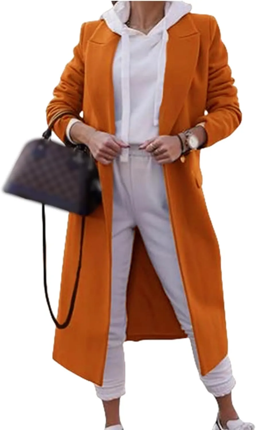 Womens Long Pea Coats Long Sleeve Button Down Trench Coats Wool Plend Lapel Overcoat Casual Fashion Windbreaker