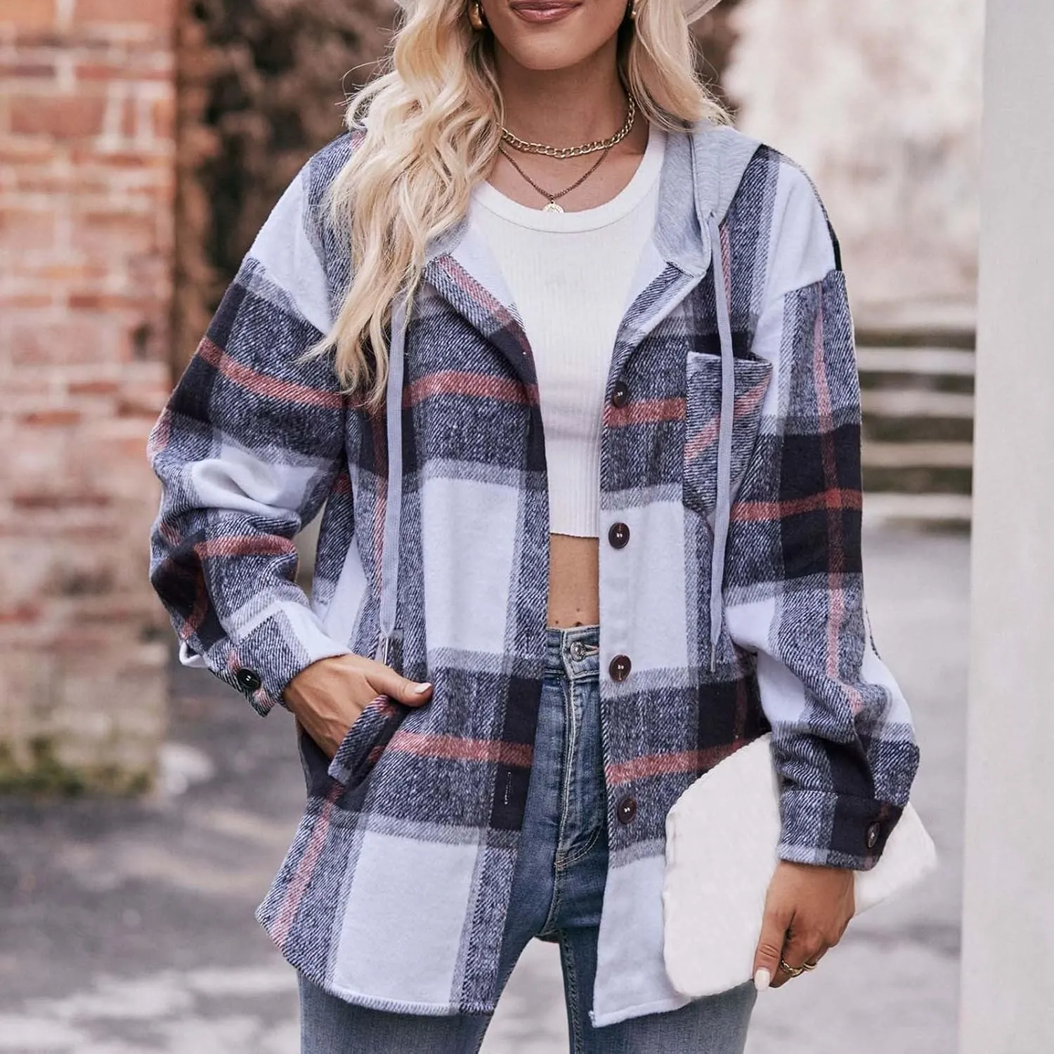 Womens Long Sleeve Plaid Shirts Button Down Flannel Hoodie Oversized Casual Fall Clothes Shacket Jacket Trendy 2023