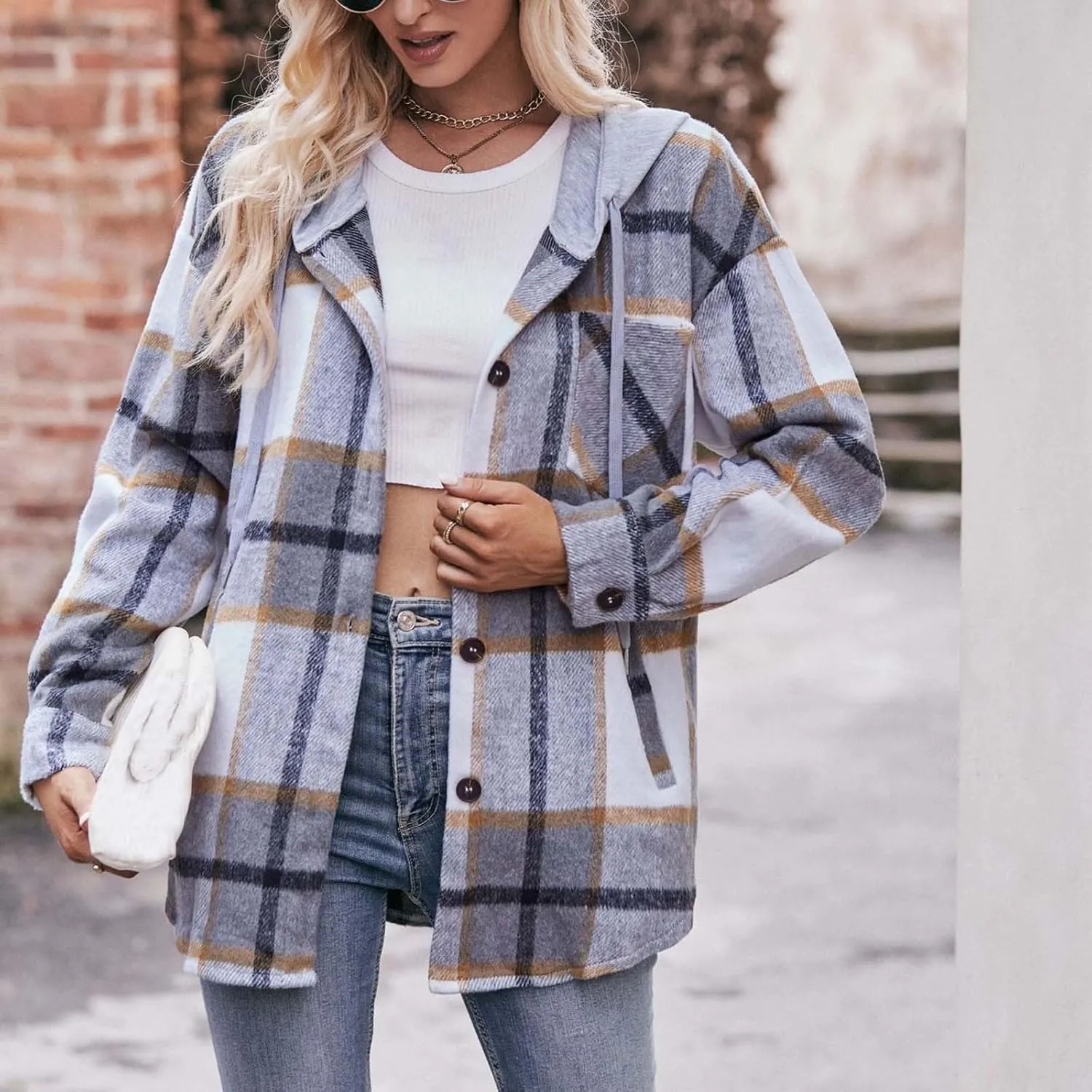 Womens Long Sleeve Plaid Shirts Button Down Flannel Hoodie Oversized Casual Fall Clothes Shacket Jacket Trendy 2023