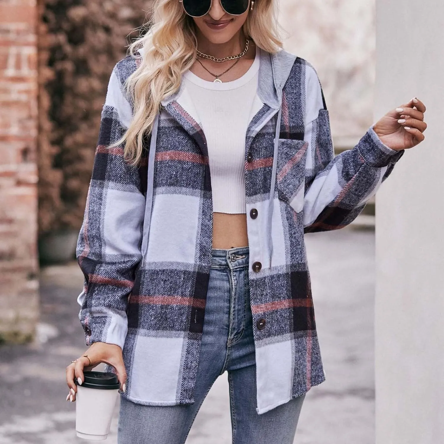 Womens Long Sleeve Plaid Shirts Button Down Flannel Hoodie Oversized Casual Fall Clothes Shacket Jacket Trendy 2023