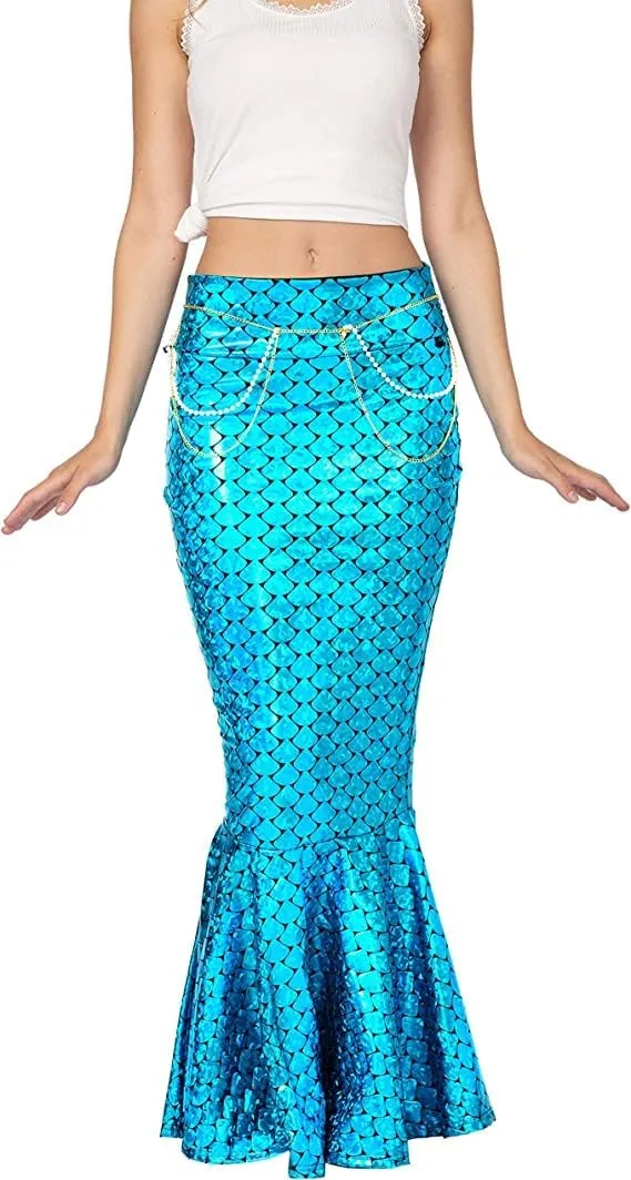 Women's Mermaid Tail Costume Fancy Metallic Hologram Sequin Maxi Skirt Cosplay Halloween Party Dress Long Maxi Skirt