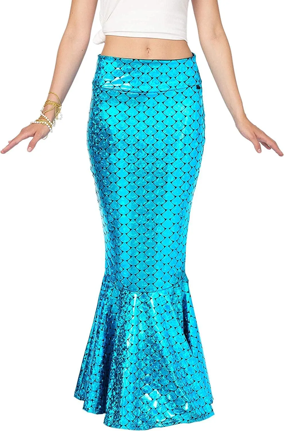 Women's Mermaid Tail Costume Fancy Metallic Hologram Sequin Maxi Skirt Cosplay Halloween Party Dress Long Maxi Skirt