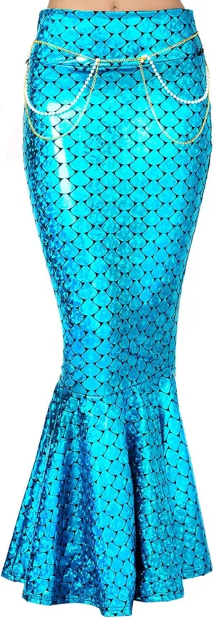 Women's Mermaid Tail Costume Fancy Metallic Hologram Sequin Maxi Skirt Cosplay Halloween Party Dress Long Maxi Skirt