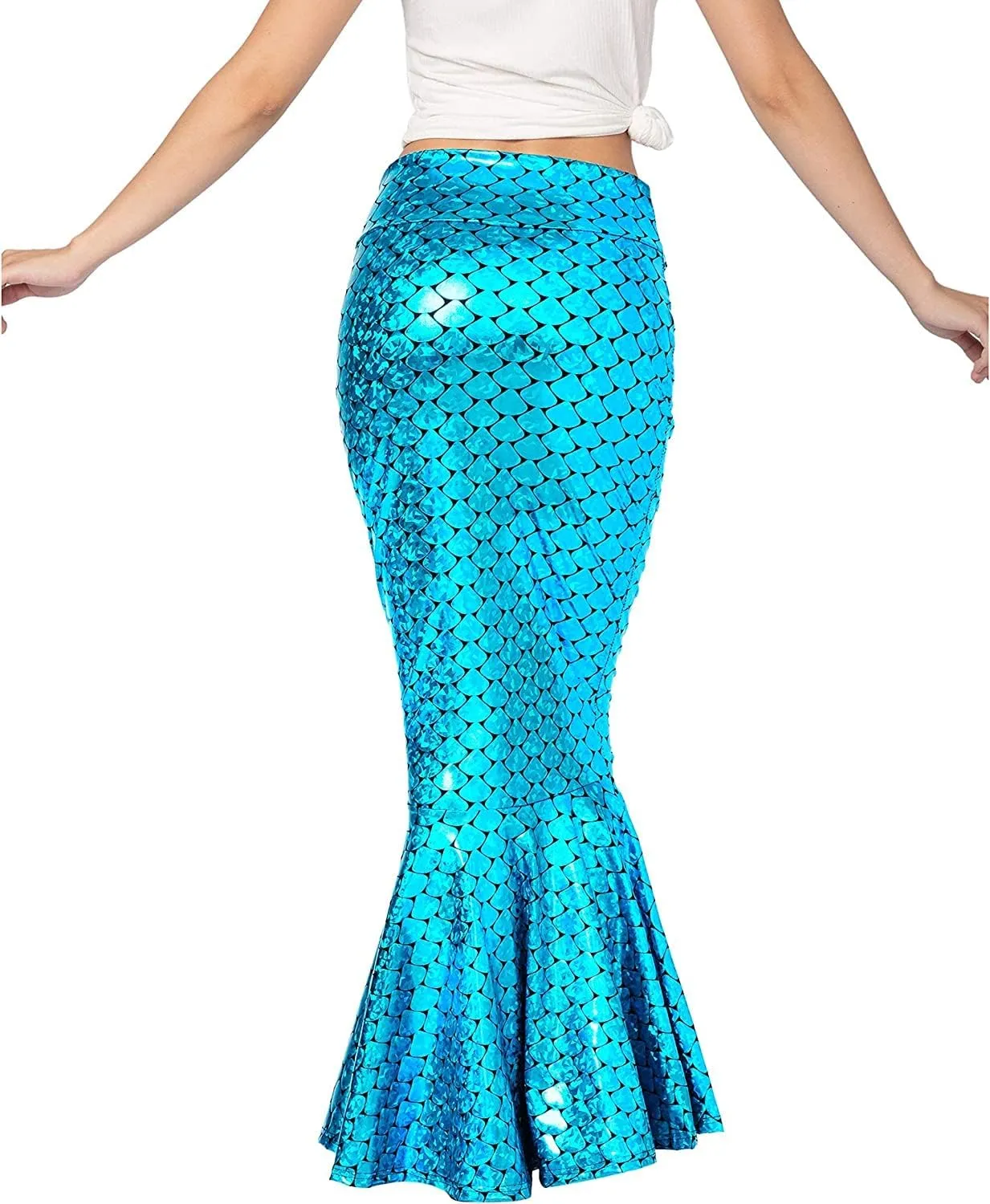 Women's Mermaid Tail Costume Fancy Metallic Hologram Sequin Maxi Skirt Cosplay Halloween Party Dress Long Maxi Skirt