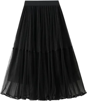 Women's Mesh Tulle Fairy Skirt Elegant Trendy High Waisted A Line Pleated Layered Midi Skirt