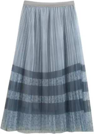 Women's Midi Mesh Tulle Pleated A-Line Skirts Elastic High Waist Skirts for Spring Summer Party Skirts