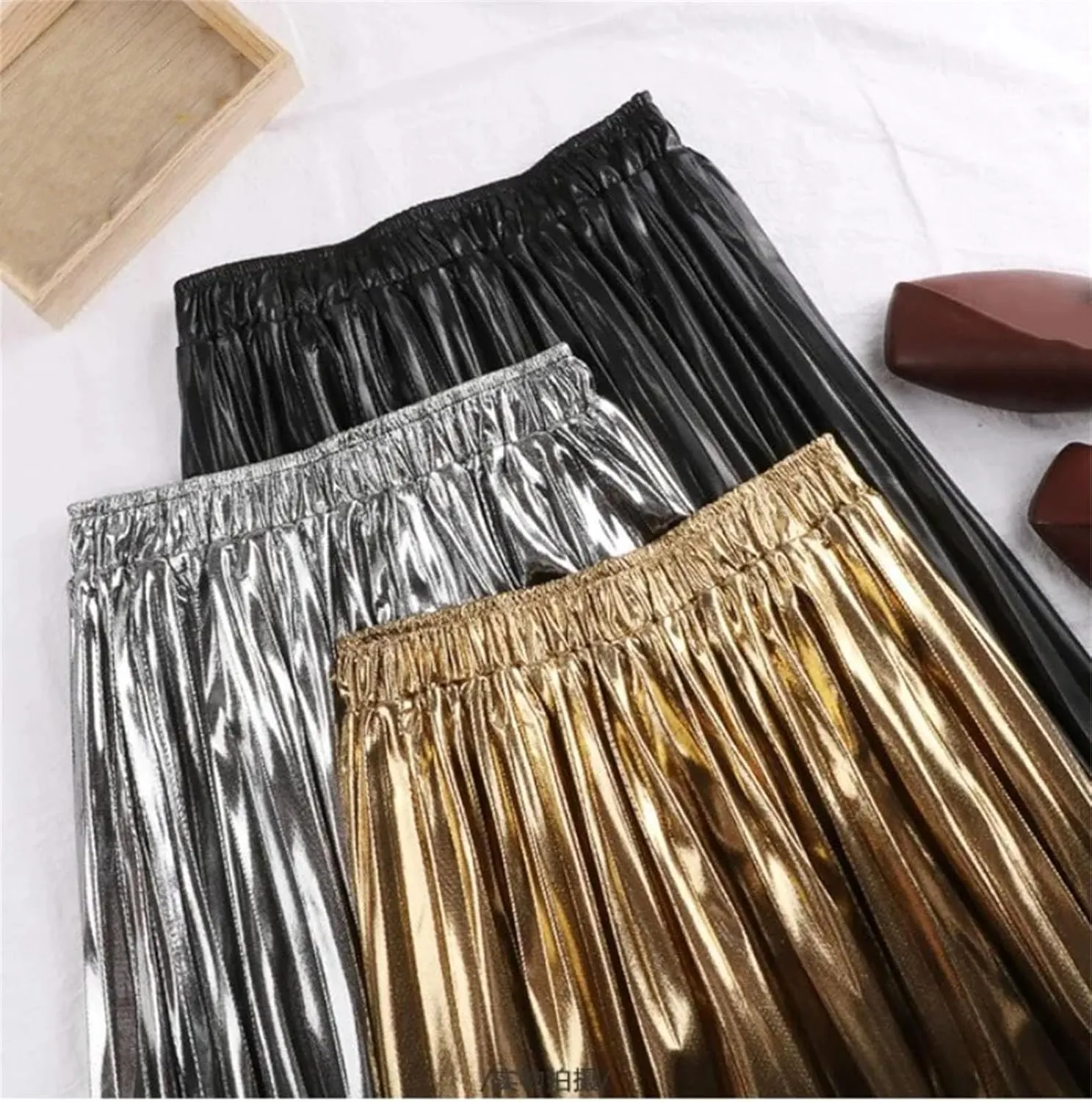 Women's Midi Skirts Casual Glossy Pleated Elastic High Waisted Party Event Site Long Skirts