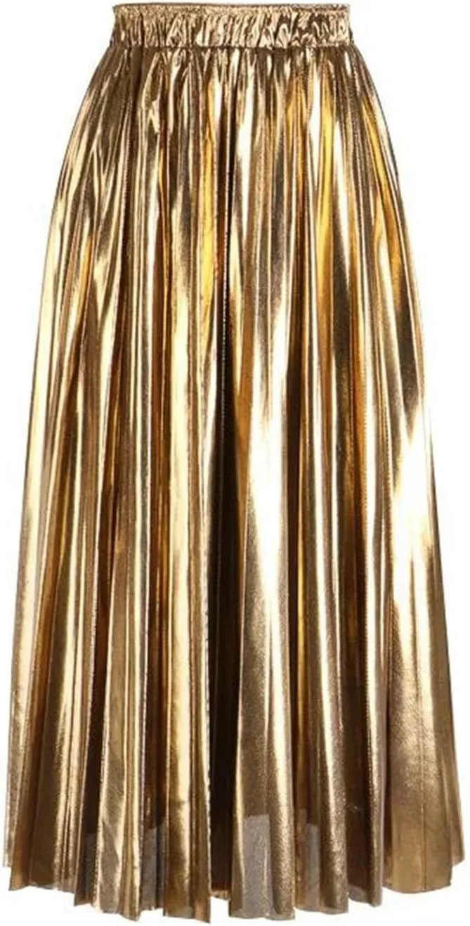 Women's Midi Skirts Casual Glossy Pleated Elastic High Waisted Party Event Site Long Skirts