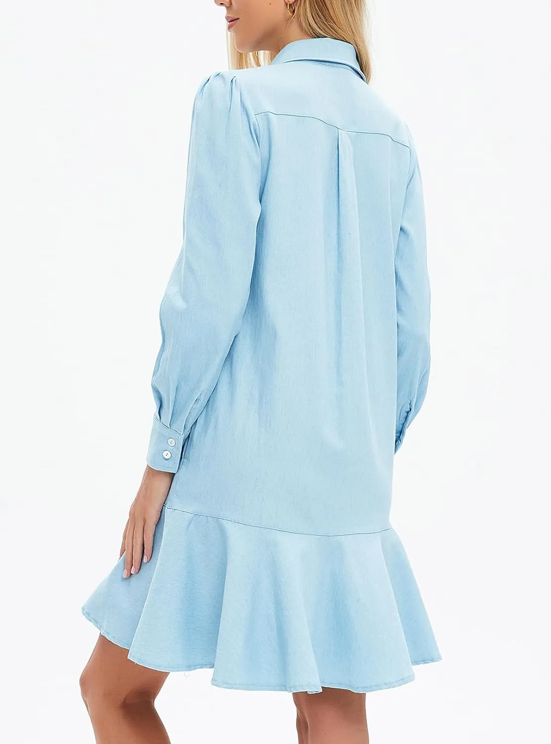 Women's Mini Shirt Dress Long Sleeve Ruffle Hem Short Dress Button Up Shift Flowy Tunic Dresses with Pockets