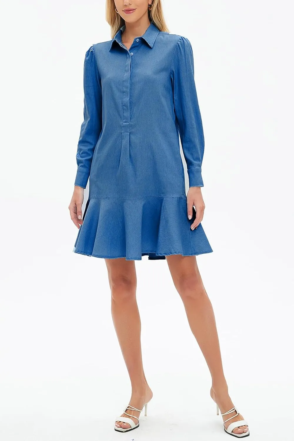 Women's Mini Shirt Dress Long Sleeve Ruffle Hem Short Dress Button Up Shift Flowy Tunic Dresses with Pockets