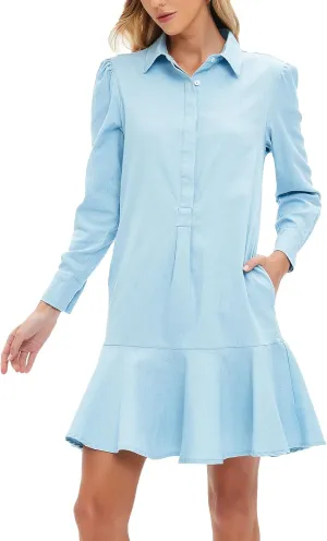 Women's Mini Shirt Dress Long Sleeve Ruffle Hem Short Dress Button Up Shift Flowy Tunic Dresses with Pockets