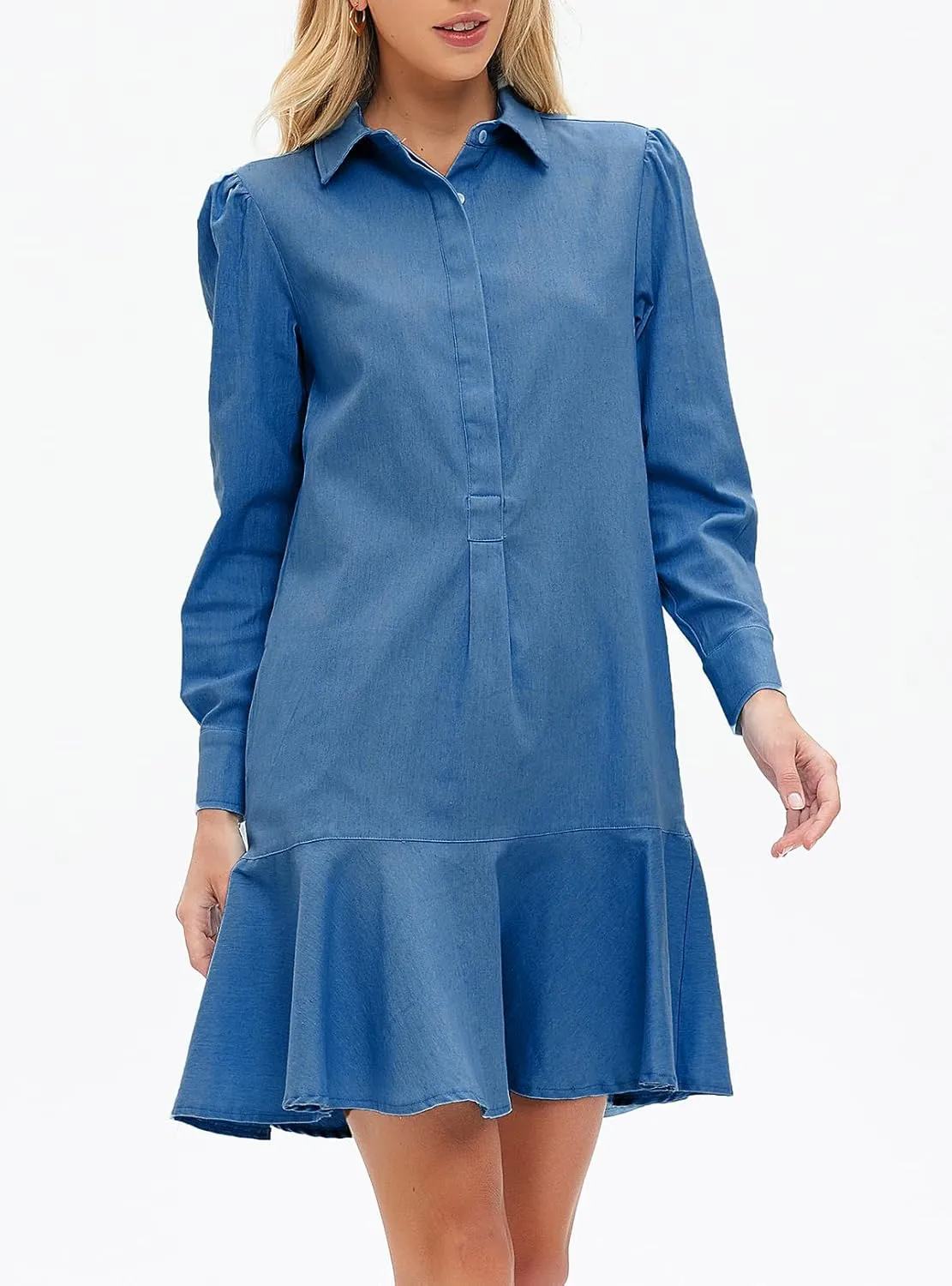Women's Mini Shirt Dress Long Sleeve Ruffle Hem Short Dress Button Up Shift Flowy Tunic Dresses with Pockets