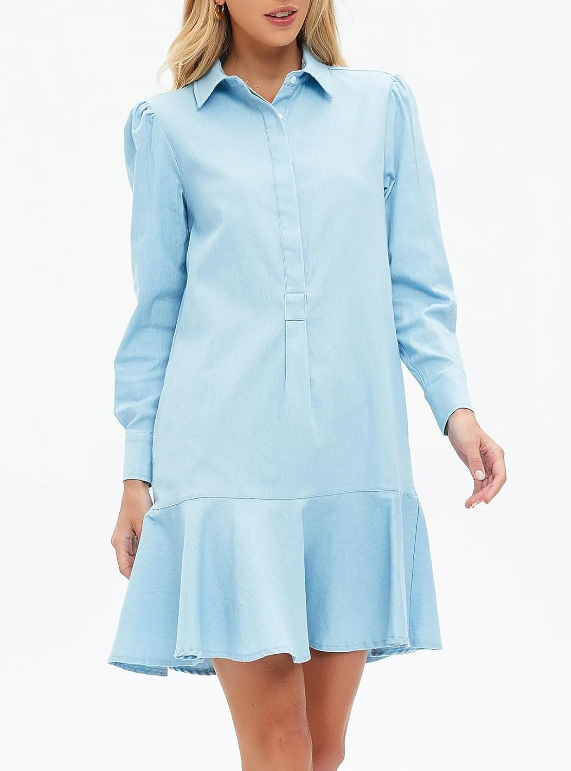 Women's Mini Shirt Dress Long Sleeve Ruffle Hem Short Dress Button Up Shift Flowy Tunic Dresses with Pockets