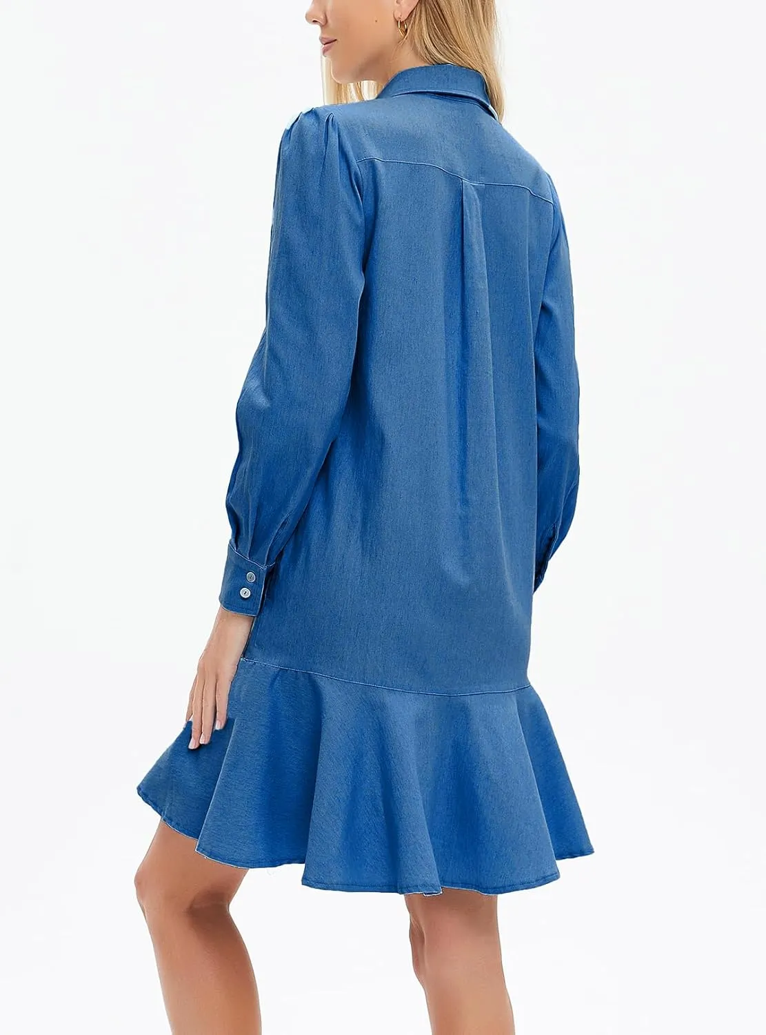 Women's Mini Shirt Dress Long Sleeve Ruffle Hem Short Dress Button Up Shift Flowy Tunic Dresses with Pockets