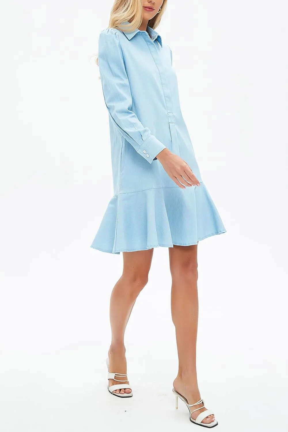 Women's Mini Shirt Dress Long Sleeve Ruffle Hem Short Dress Button Up Shift Flowy Tunic Dresses with Pockets