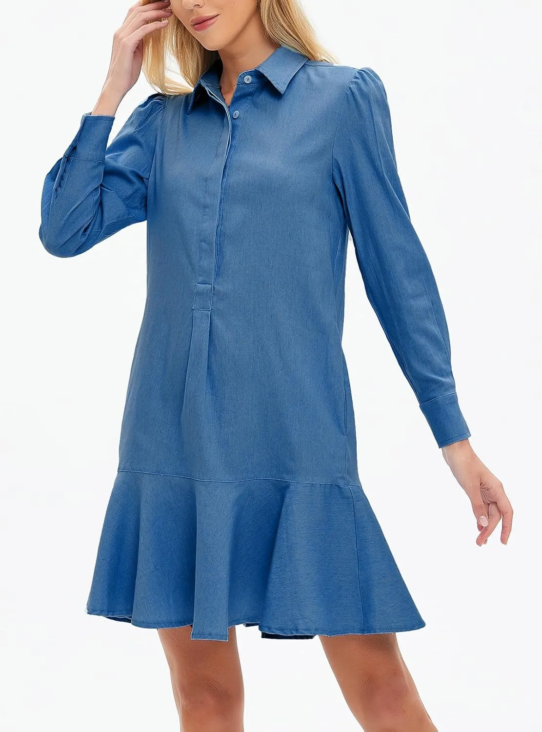 Women's Mini Shirt Dress Long Sleeve Ruffle Hem Short Dress Button Up Shift Flowy Tunic Dresses with Pockets