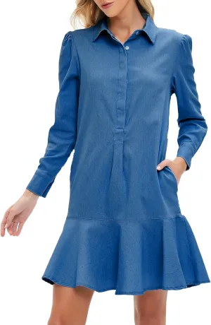 Women's Mini Shirt Dress Long Sleeve Ruffle Hem Short Dress Button Up Shift Flowy Tunic Dresses with Pockets
