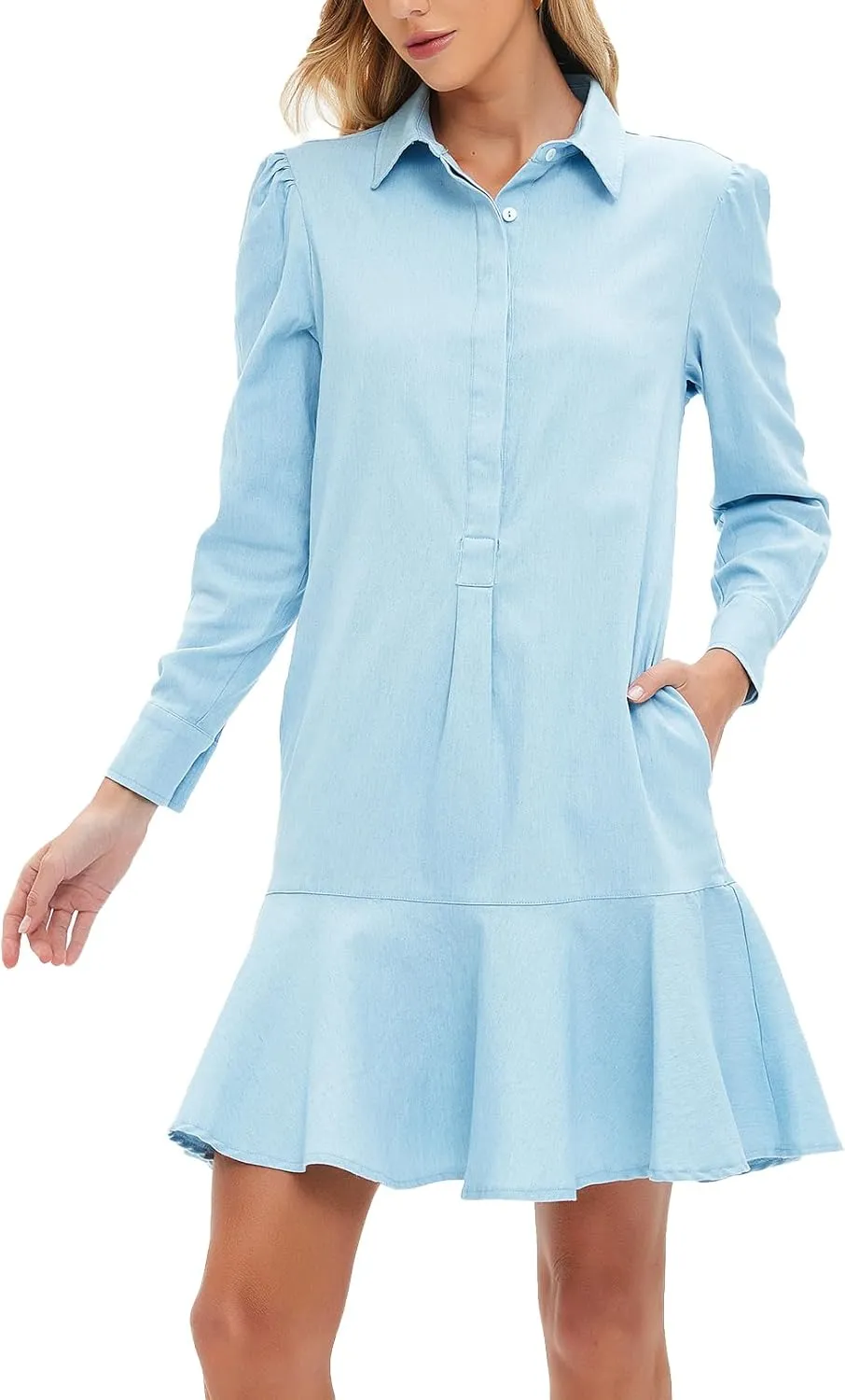Women's Mini Shirt Dress Long Sleeve Ruffle Hem Short Dress Button Up Shift Flowy Tunic Dresses with Pockets