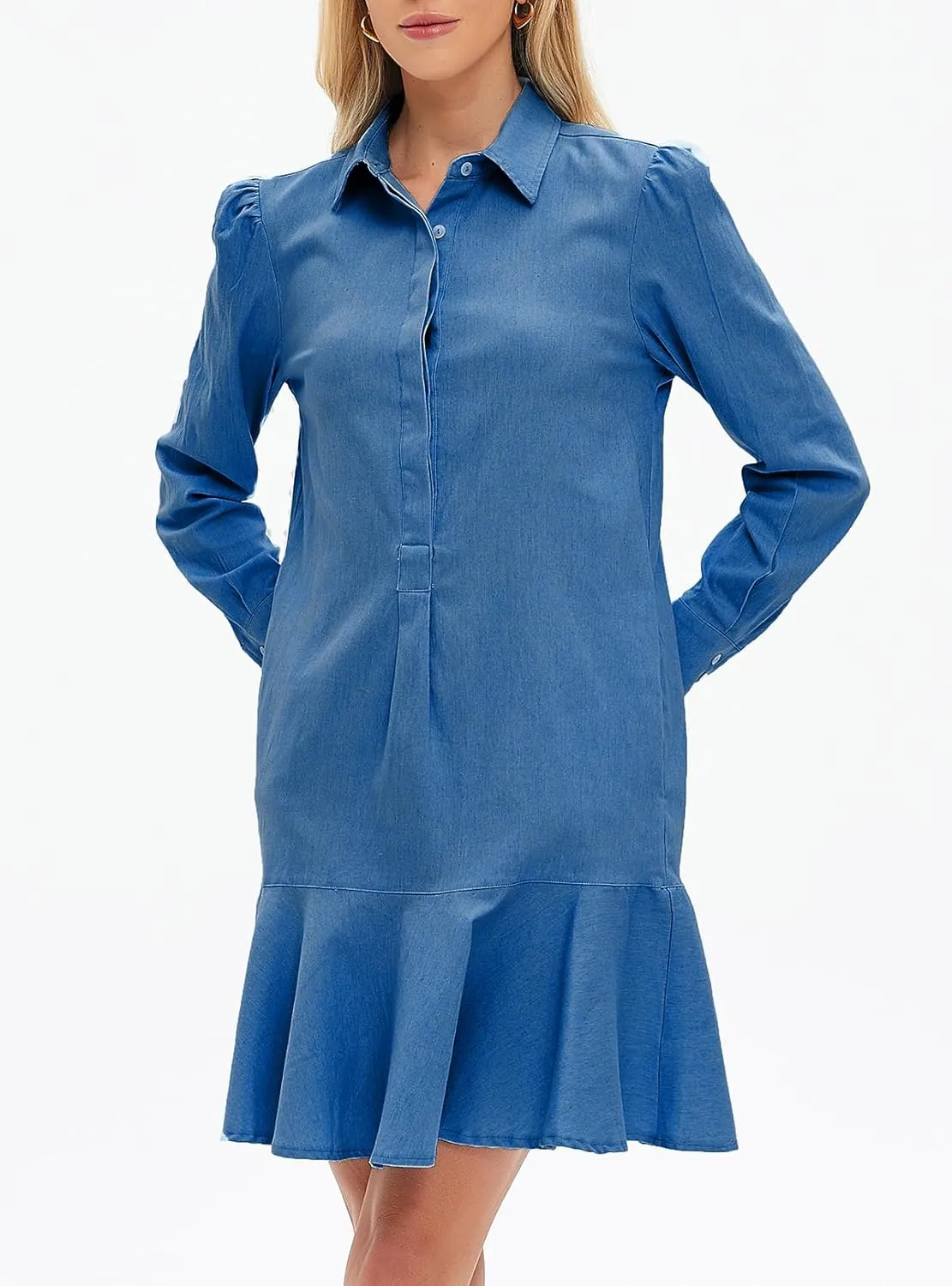 Women's Mini Shirt Dress Long Sleeve Ruffle Hem Short Dress Button Up Shift Flowy Tunic Dresses with Pockets