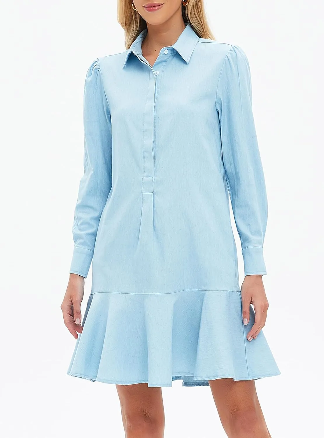 Women's Mini Shirt Dress Long Sleeve Ruffle Hem Short Dress Button Up Shift Flowy Tunic Dresses with Pockets