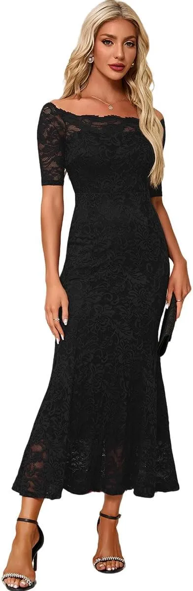 Women's Off Shoulder Floral Lace Mermaid Maxi Dress Short Sleeves Bodycon Wedding Guest Dress Formal Party