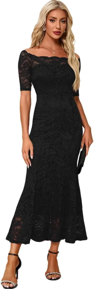 Women's Off Shoulder Floral Lace Mermaid Maxi Dress Short Sleeves Bodycon Wedding Guest Dress Formal Party