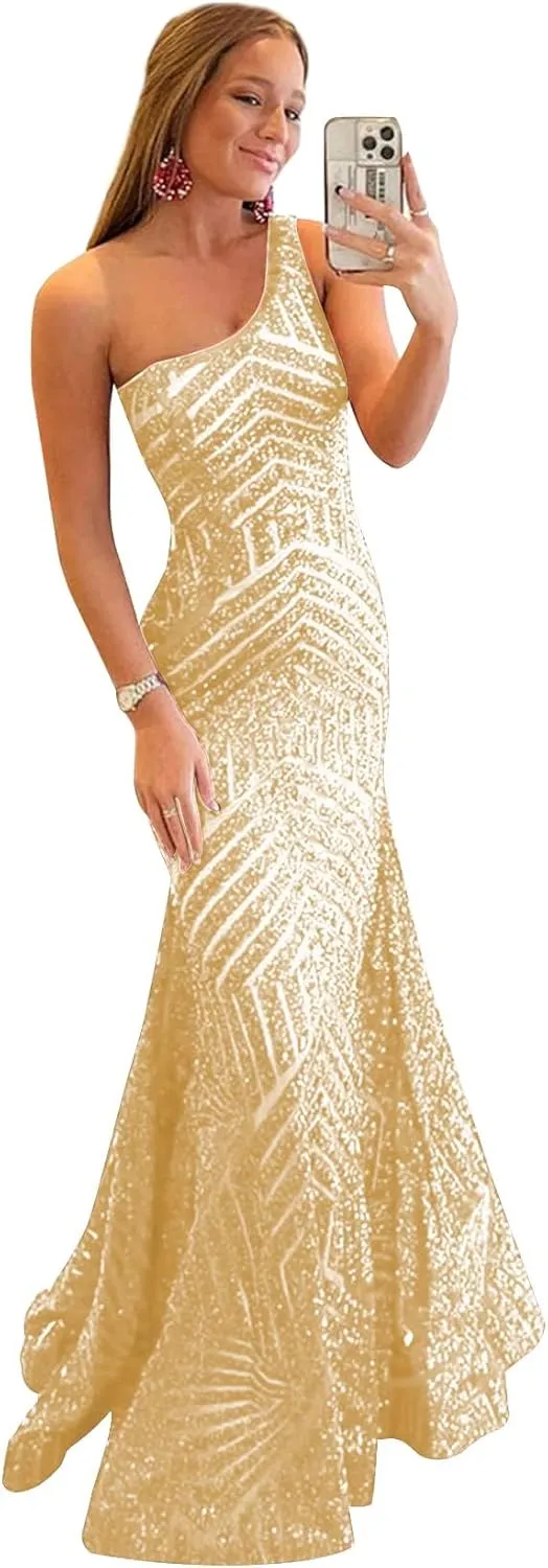 Womens One Shoulder Sequin Mermaid Corset Prom Dresses for Teens Sparkly Long Formal Evening Ball Gown ZN012