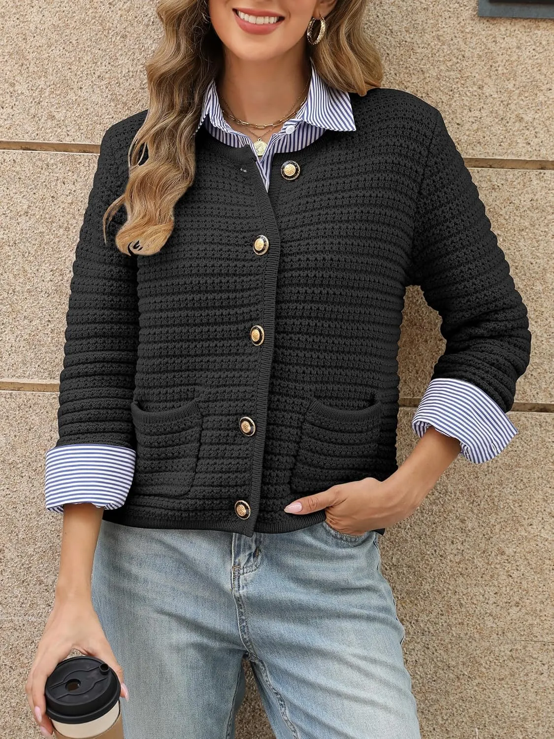 Womens Open Front Cardigan Sweaters 2025 Spring Button Down Long Sleeve Chunky Knit Cardigans