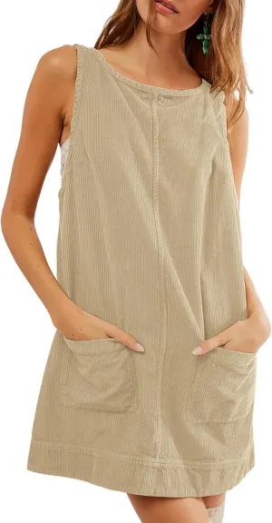 Women's Overall Dress A Line Summer Sleeveless Pinafore Skirtall Corduroy Mini Dress with Pockets