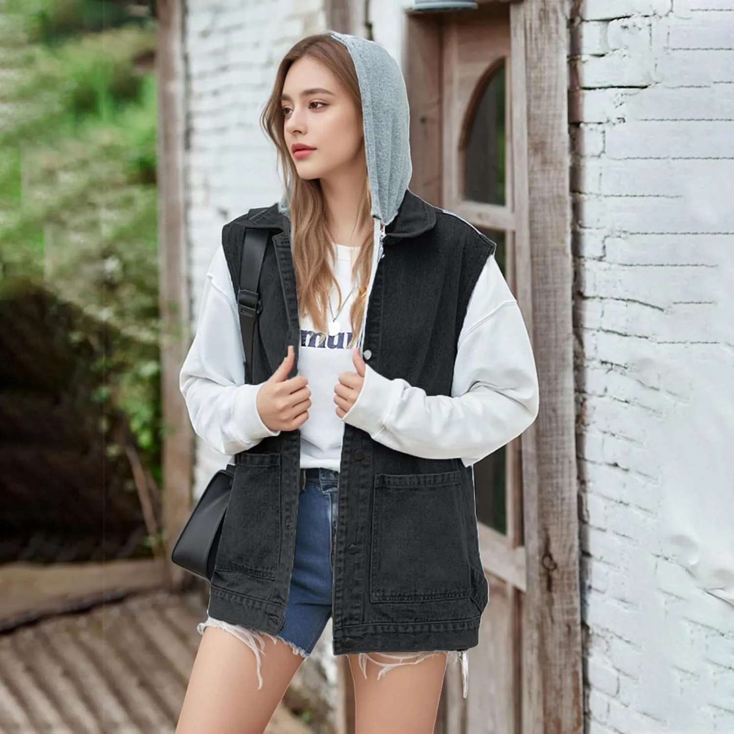Womens Oversized Denim Vest Hooded Button Down Sleeveless Coats Drop Shoulder Washed Distressed Jean Vest Jacket