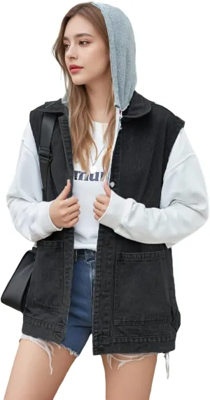 Womens Oversized Denim Vest Hooded Button Down Sleeveless Coats Drop Shoulder Washed Distressed Jean Vest Jacket