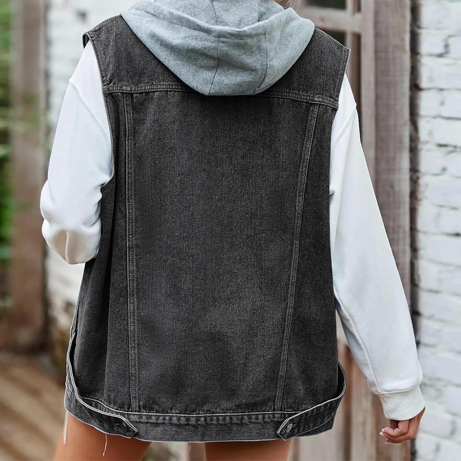 Womens Oversized Denim Vest Hooded Button Down Sleeveless Coats Drop Shoulder Washed Distressed Jean Vest Jacket
