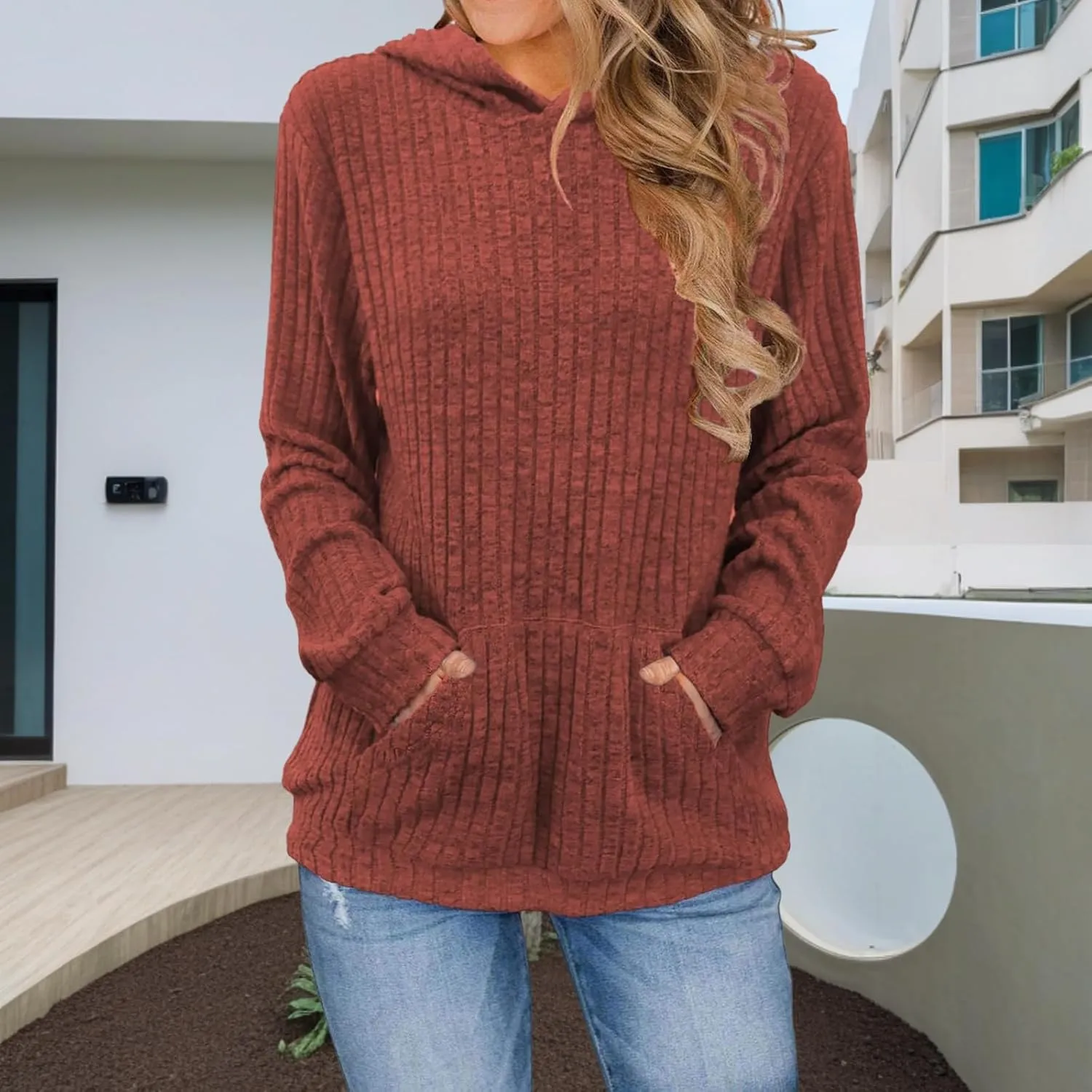Women's Oversized Long Sleeve Hoodies Waffle Knit Pullover Sweatshirts Tops with Pockets Effortless Casual Comfort Wear