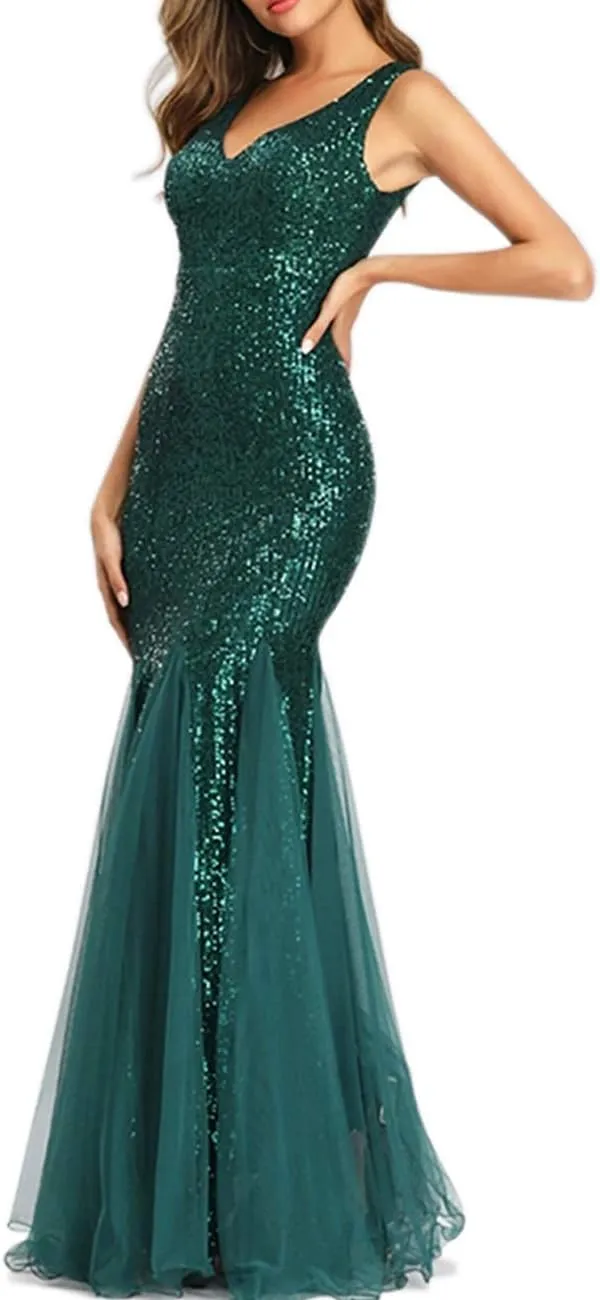 Womens Party Dress Sequins Tulle Sexy V-Neck Long Dress Sleeveless Formal Evening Prom Gowns