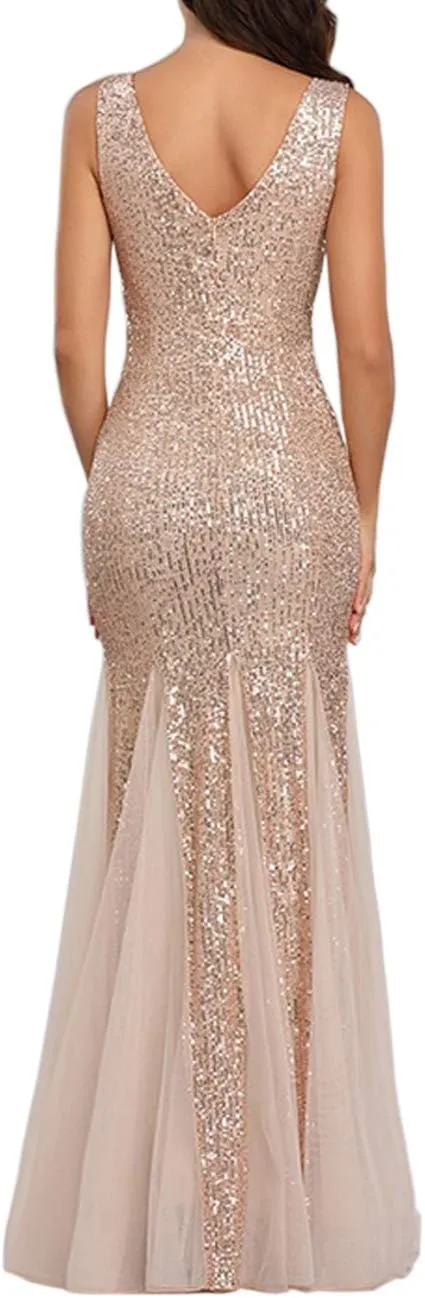 Womens Party Dress Sequins Tulle Sexy V-Neck Long Dress Sleeveless Formal Evening Prom Gowns