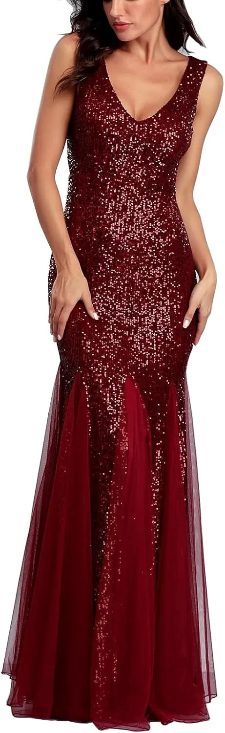 Womens Party Dress Sequins Tulle Sexy V-Neck Long Dress Sleeveless Formal Evening Prom Gowns