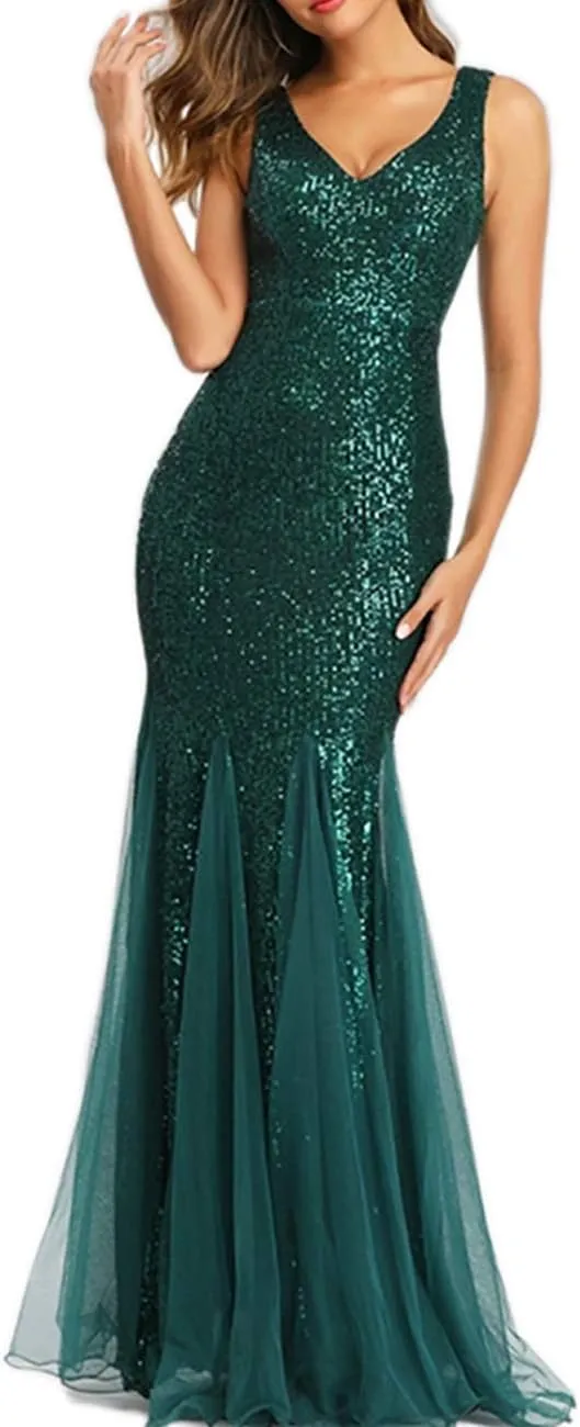Womens Party Dress Sequins Tulle Sexy V-Neck Long Dress Sleeveless Formal Evening Prom Gowns