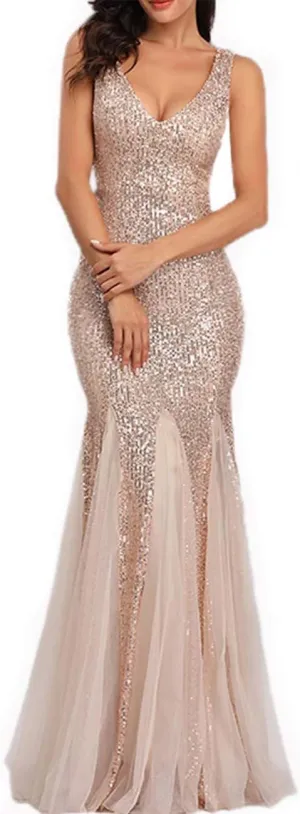Womens Party Dress Sequins Tulle Sexy V-Neck Long Dress Sleeveless Formal Evening Prom Gowns