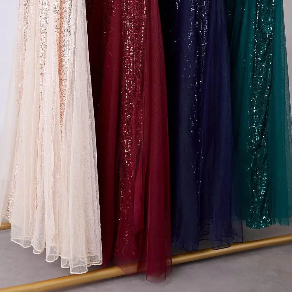 Womens Party Dress Sequins Tulle Sexy V-Neck Long Dress Sleeveless Formal Evening Prom Gowns