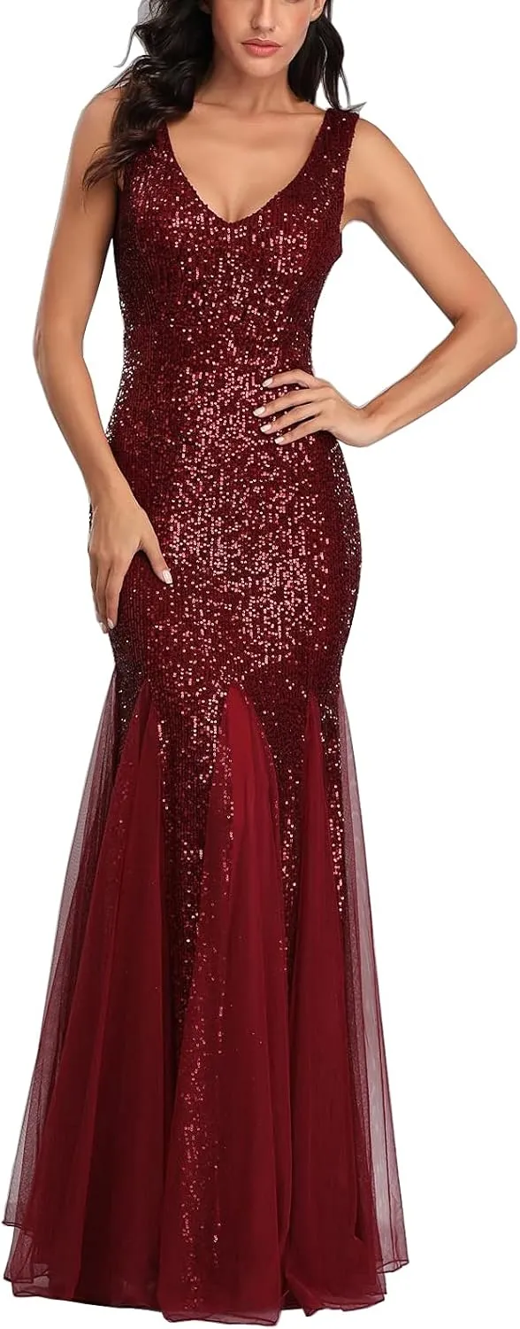 Womens Party Dress Sequins Tulle Sexy V-Neck Long Dress Sleeveless Formal Evening Prom Gowns