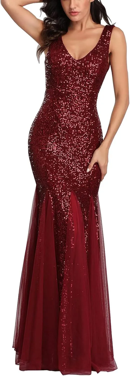 Womens Party Dress Sequins Tulle Sexy V-Neck Long Dress Sleeveless Formal Evening Prom Gowns